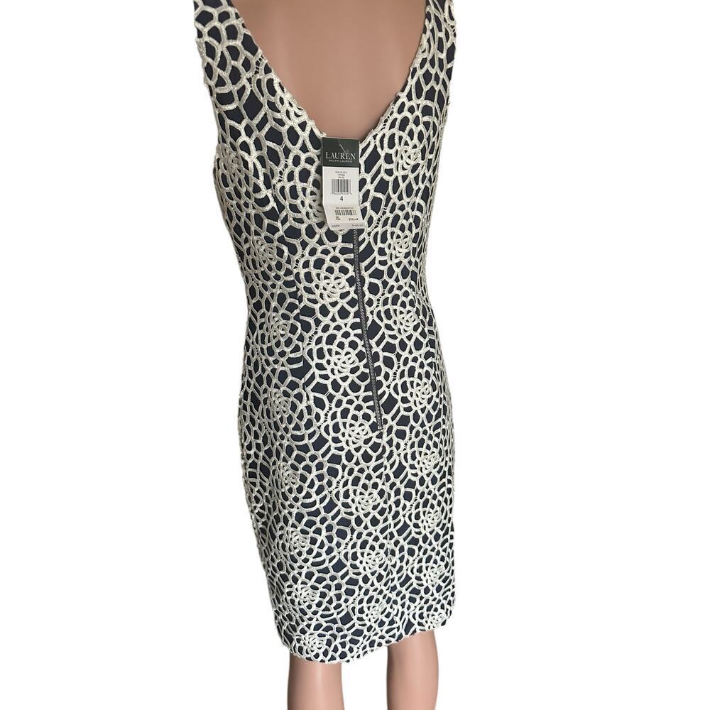 Ralph Lauren Navy & Ivory Crochet Lace Sheath Dress Sz-4 –Sleeveless Knee-Length - Picture 4 of 7